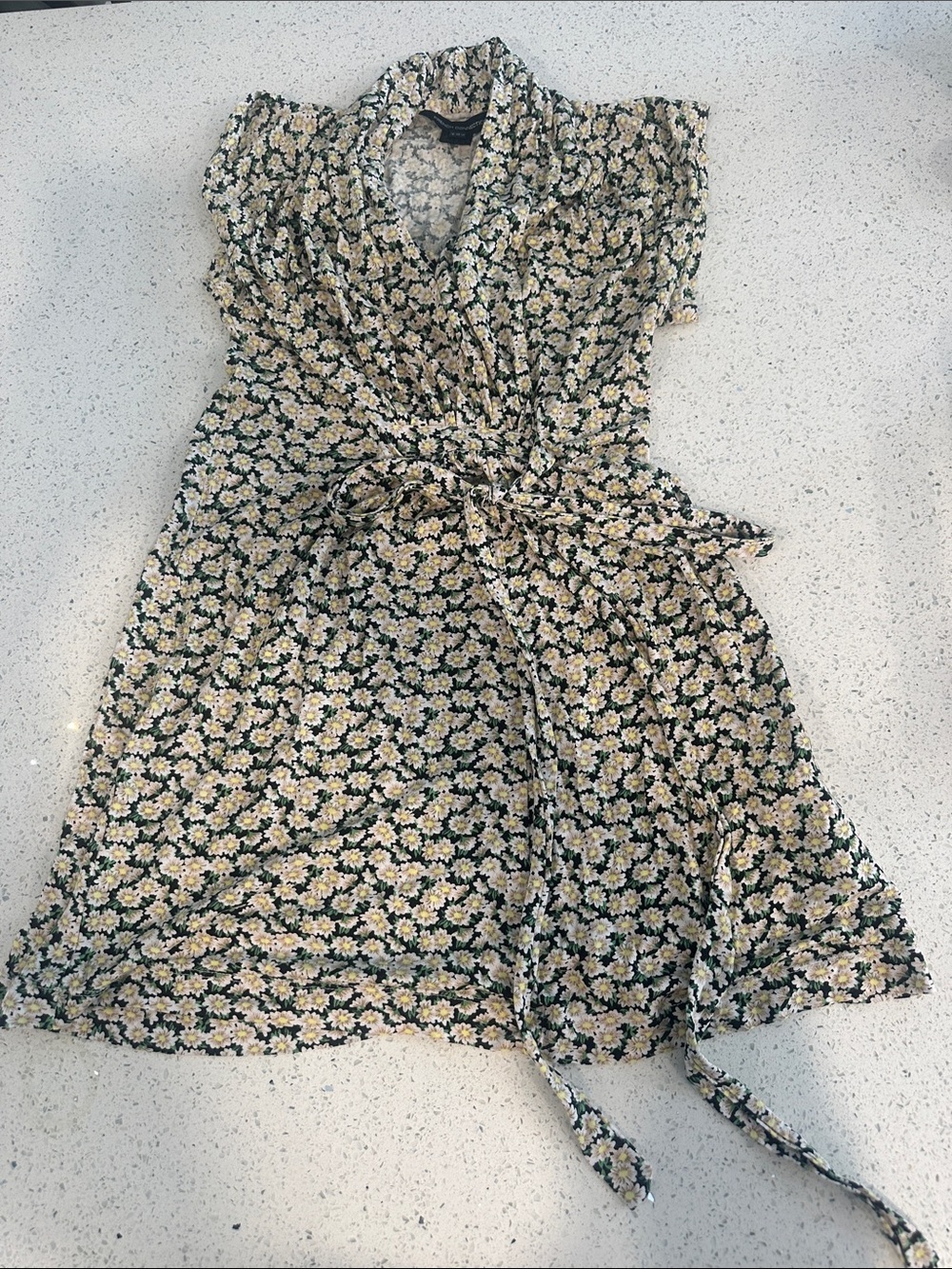 French Connection Green Floral Wrap Mini Dress with Yellow & White Daisies